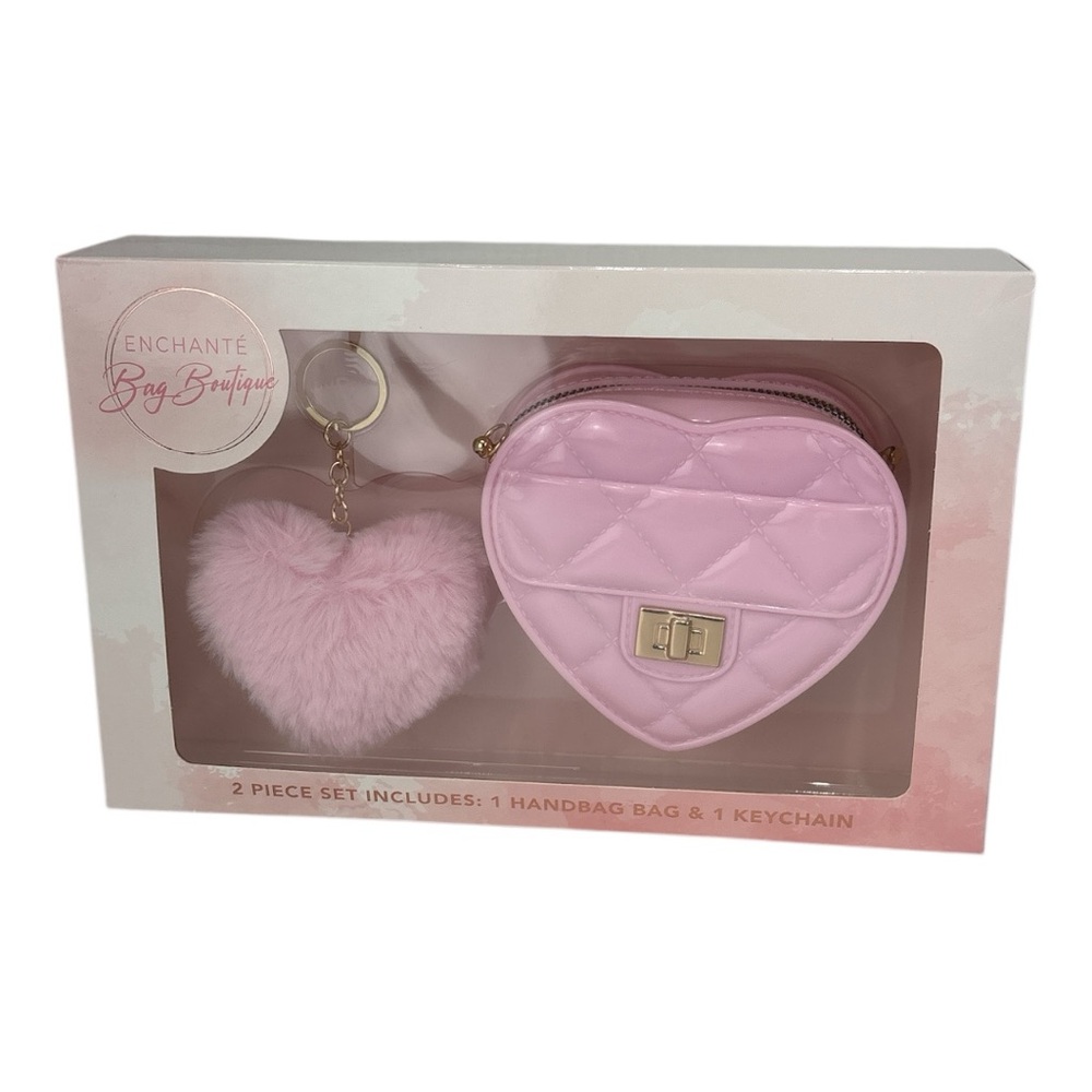 NWT Girls Enchante Pink Heart-Shaped Handbag and  Heart Keychain Set